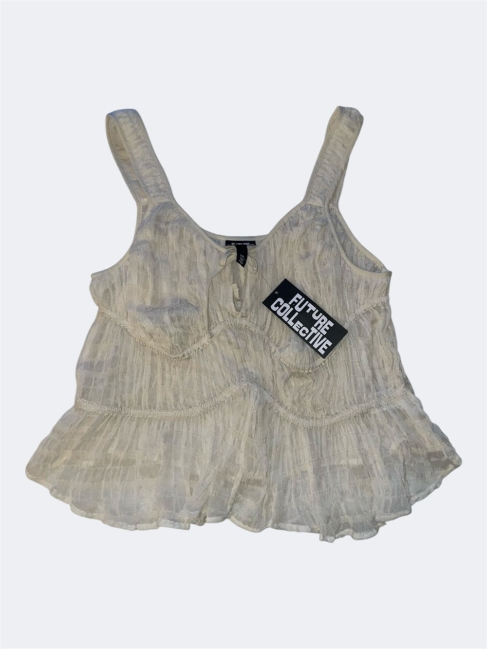 Future Collective Cream Sleeveless Gathered Tank Top with Front Tie Detail